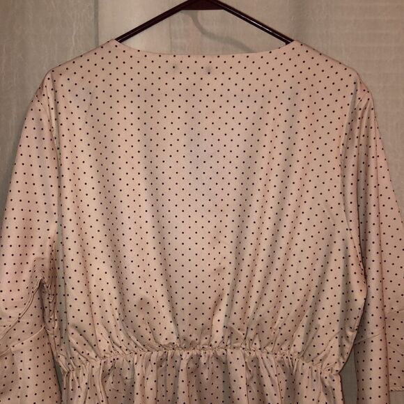Nasty Gal 14 Well Spotted Peplum Bell Sleeve Faux Wrap Cream Brown Polka Top - Picture 7 of 16